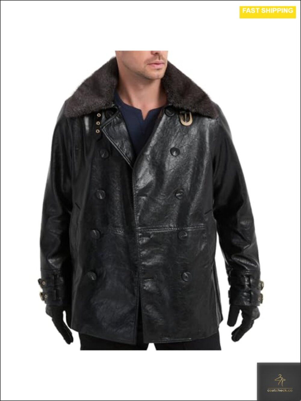 Mens Faux Leather Double Breasted Pea Coat Detachable Fur Collar Cosplay Long
